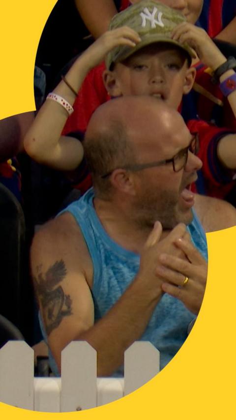 A fan in the crowd holds his hand in pain after being hit by Paul Walter's six