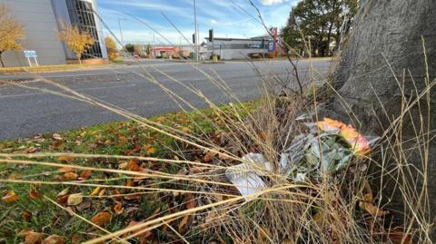 A bunch of flowers lie next to a tree, nearly buried under the dying stalks of grass. The tree is next to a road and beyond that are industrial buildings.
