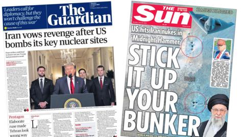 The front pages of the Guardian and the Sun