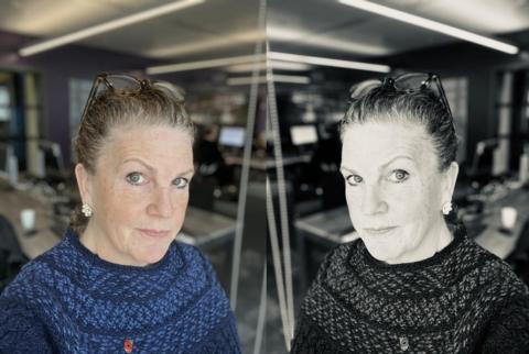 A composite of Shari Vahl in colour and a mirror image in black and white