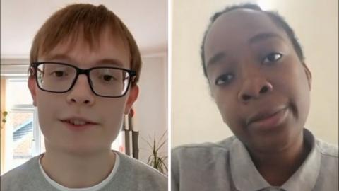 Composite image of students Sam and Halima during a video call