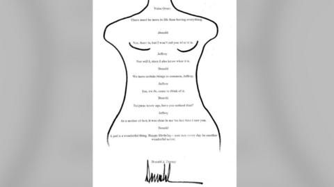 The "birthday letter" to Jeffrey Epstein from 2003, with a signature at the bottom allegedly belonging to Donald Trump