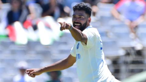 India's Mohammed Siraj celebrates after taking a wicket against South Africa in Cape Town