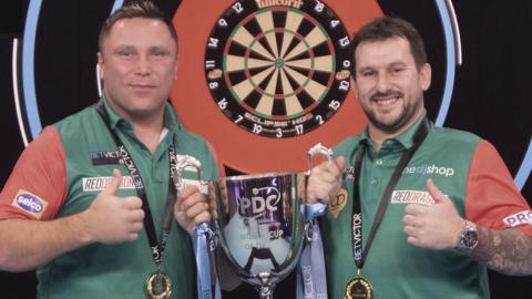 Gerwyn Price and Jonny Clayton celebrate