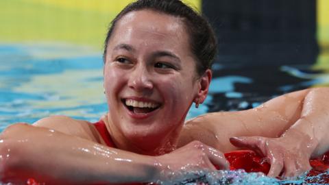 Alice Tai smiles after winning gold in the women's 100m Backstroke SB8 final on day three of the Birmingham 2022 Commonwealth Games