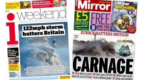 The i weekend and the Daily Mirror front pages 19 February 2022