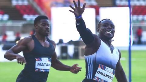 Kenyan sprinter Ferdinand Omanyala celebrates after winning the 100m at the Kip Keino Classic in May