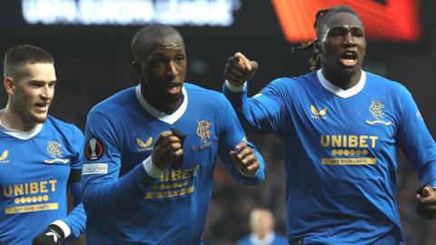 Rangers' Ryan Kent, Glen Kamara and Calvin Bassey celebrate