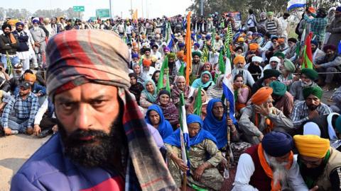 Demonstrators during a farmers protest near the Haryana-Punjab state border in Rajpura, Punjab, India, on Friday, Feb. 16, 2024.