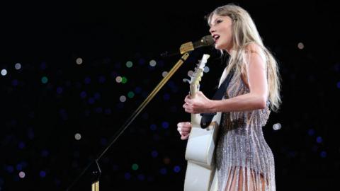 Taylor Swift performs onstage during "Taylor Swift | The Eras Tour" at Estadio Olimpico Nilton Santos on November 17, 2023 in Rio de Janeiro, Rio de Janeiro