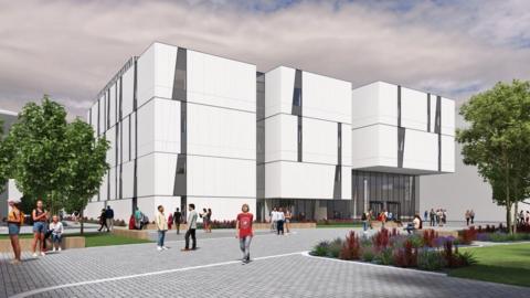Artist impression of the new building, which features large white blocks and small windows