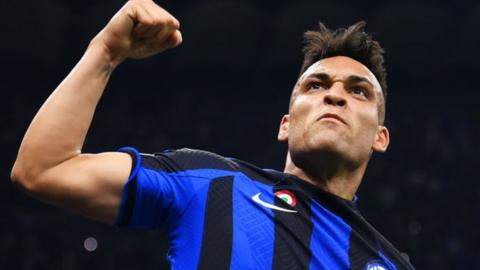 Lautaro Martinez celebrates scoring for Inter Milan