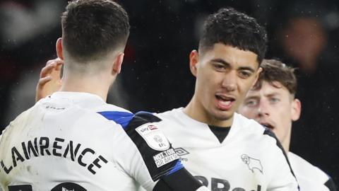 Derby celebrate Luke Plange's goal