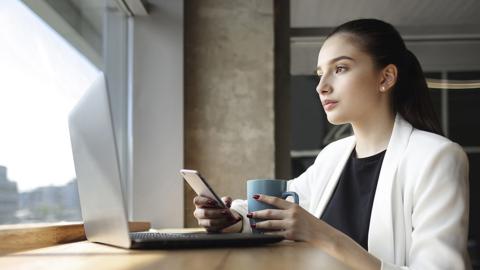 A young woman working alone