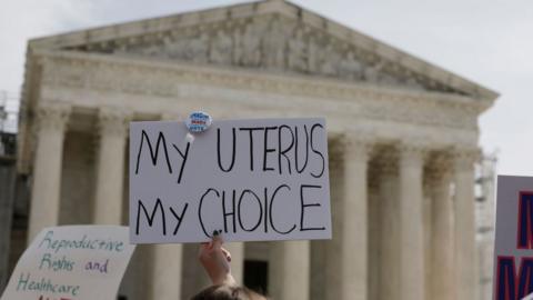 Demonstrators participate in a abortion-rights rally outside the Supreme Court as the justices of the court hear oral arguments in the case of the U.S. Food and Drug Administration v. Alliance for Hippocratic Medicine on March 26, 2024 in Washington, DC