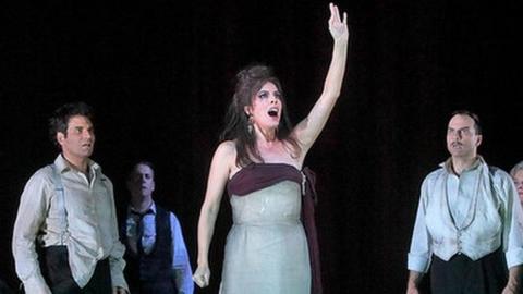 Audrey Luna (C) on stage with fellow cast members in The Exterminating Angel at New York's Metropolitan Opera