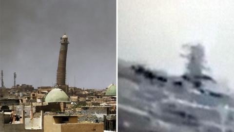 File image of Mosul's Great Mosque of al-Nuri and video purportedly showing it being blown up on 21 June 2017