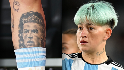 A split picture of Argentina's Yamila Rodriguez and her Cristiano Ronaldo tattoo