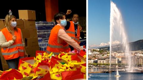 Geneva's famous fountain and a foodbank