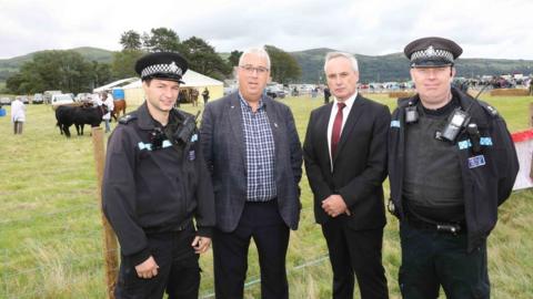 (L-R): PC Dewi Evans, Police Crime Commissioner Arfon Jones, Rural Crime Team Manager, Rob Taylor and PC David Allen