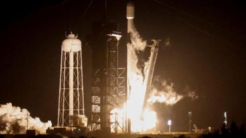 A SpaceX Falcon 9 rocket lifts off on the IM-1 mission
