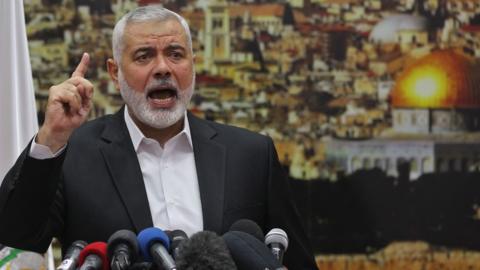 Ismail Haniya delivers a speech on Jerusalem in Gaza City on 7 December 2017