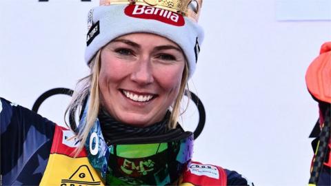 Michaela Shiffrin celebrates winning Wednesday's Giant Slalom.