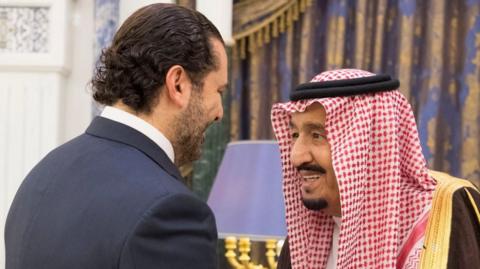 Saudi Arabia's King Salman (R) meets former Lebanese Prime Minister Saad Hariri (L) in Riyadh on 6 November 2017