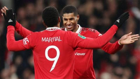 Anthony Martial and Marcus Rashford celebrate Manchester United's first goal