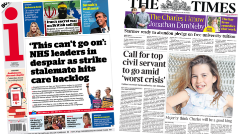 The headline in the i reads, "'This can't go on': NHS leaders in despair as strike stalemate hits care backlog", while the headline in the Times reads, "Call for top civil servant to go amid 'worst crisis'"