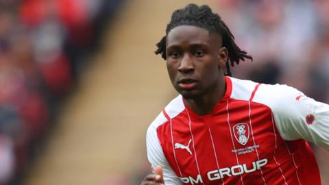 Joshua Kayode makes a run in Rotherham's EFL Trophy final at Wembley in 2022