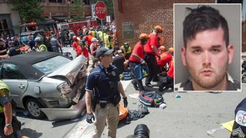 An image of James Alex Fields Jr (R) is superimposed over an image of first responders at the scene of Saturday's unrest in Charlottesville, Virginia.