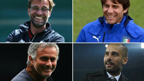 Pep Guardiola, Antonio Conte, Jurgen Klopp, and Jose Mourinho