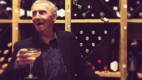 Boyne Lester Johnston enjoying champagne in the former bank vault