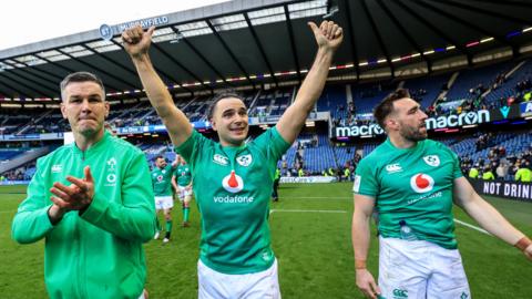 Ireland’s Johnny Sexton, James Lowe and Jack Conan celebrate victory over Scotland at Murrayfield