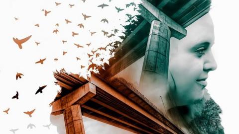 A double exposure image of Georgie with some bridges