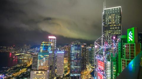 A view of the HSBC building and Hong Kong skyline at night on February 21, 2024 in Hong Kong, China.