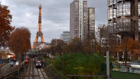 The Eiffel Tower alongside train lines in Paris, France, 21 November 2020