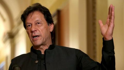 Pakistan Prime Minister Imran Khan makes a brief statement to reporters before a meeting with U.S. House Speaker Nancy Pelosi