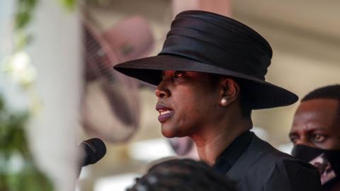 Martine Moïse speaks during the funeral for her husband, slain Haitian President Jovenel Moïse, on July 23, 2021, in Cap-Haitien,