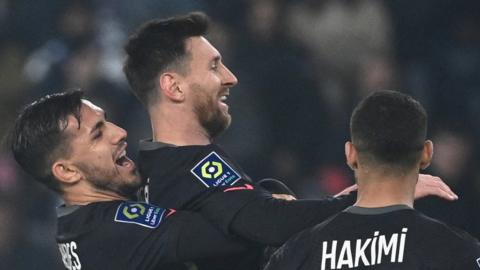 Lionel Messi celebrates his first Ligue 1 goal for Paris St-Germain.