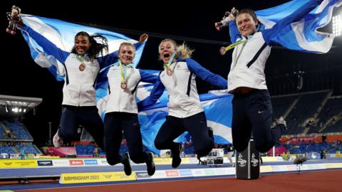 Scotland's 4x400m relay team celebrate bronze