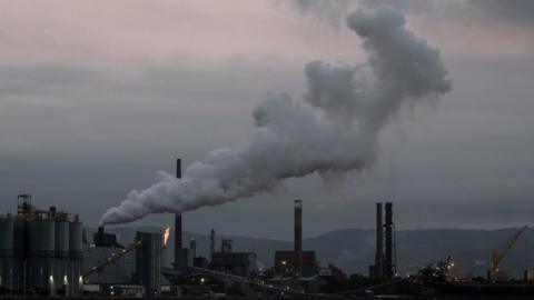 A general view of the steelworks and coal loading facility in Port Kembla on February 01, 2021 in Wollongong, Australia