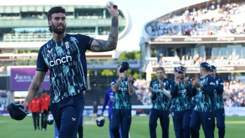 Reece Topley celebrates his five-wicket haul