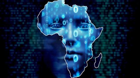 A composite image of the African continent and a matrix face