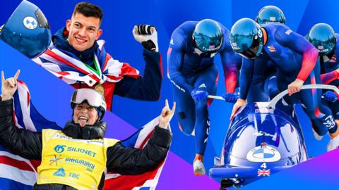 A graphic with images of Matt Weston, Mia Brookes and GB's four-man bobsleigh team