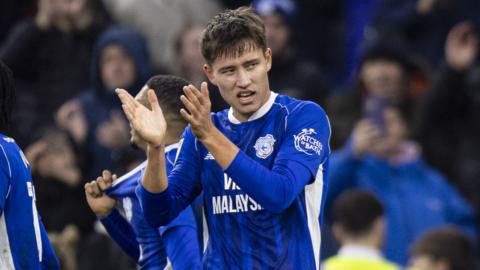 Rubin Colwill celebrates against Bristol City