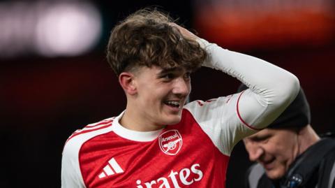 Max Dowman celebrates after Arsenal's win over Everton