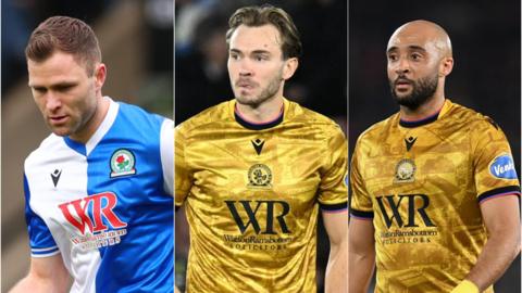 Left: Sondre Tronstad looking down towards the ball in a Blackburn home kit
Centre: Ryan Hedges looking over slightly to his right in a gold away kit
Right: Nathan Redmond in a gold away kit and wearing a yellow sweatband on his left wrist 