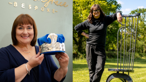 A composite picture, on the left there is a woman holding a crown and smiling at the camera and on the right there is a woman dressed in black in a field with her arm on a steel chair.